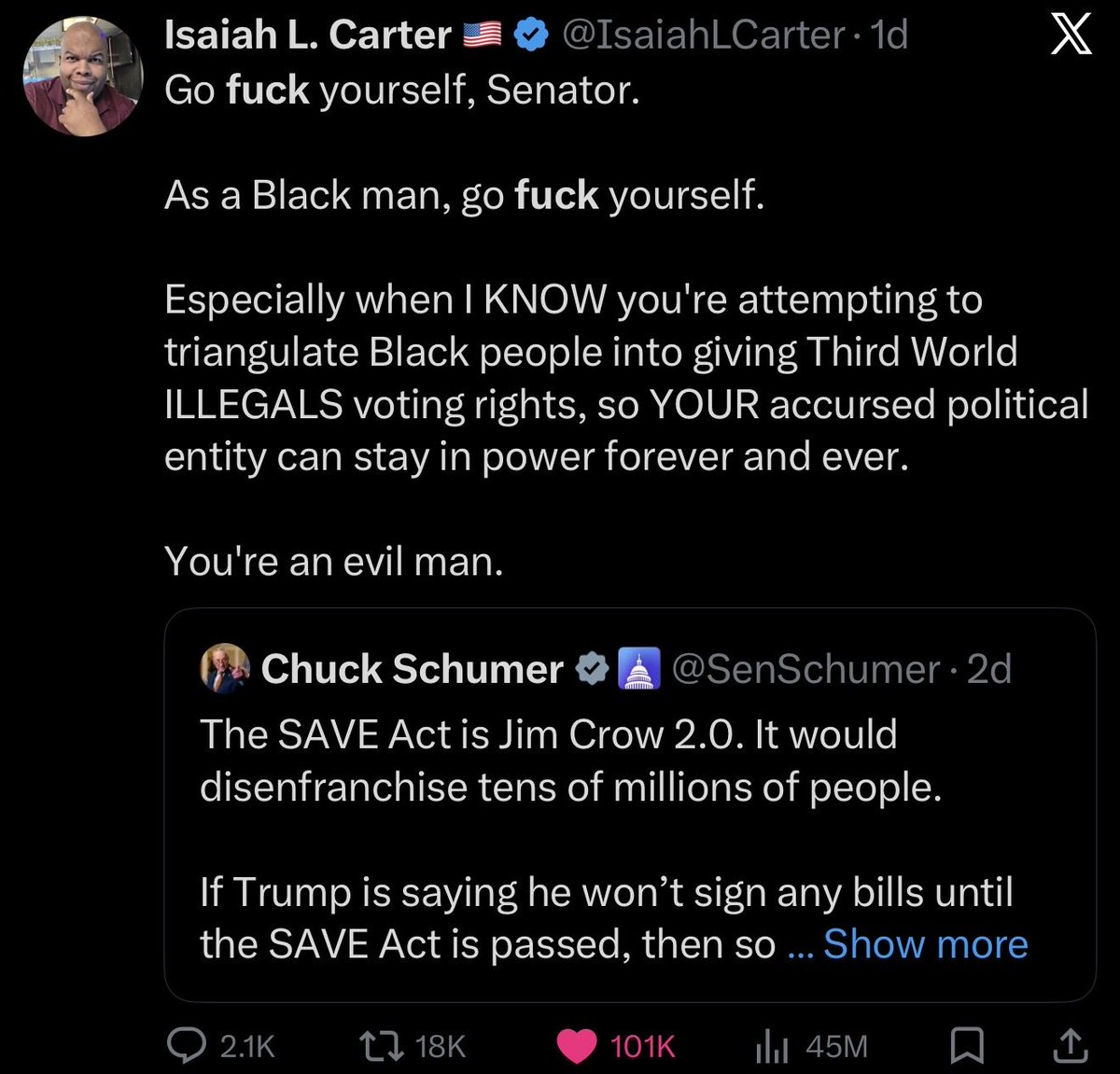 MAGAVoice's tweet photo. HOLY SHT: This young black man has 100K+ likes and 45 Million VIEWS on a post calling out Chuck Schumer telling him to “Go F*ck yourself, Senator”

Mainstream Media doesn’t want you seeing this

ABSOLUTE MIC DROP 🔥 https://t.co/sJ39FAZJHn