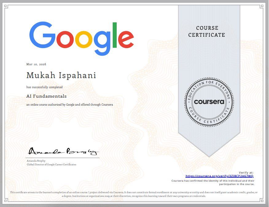 Don’t just watch AI happen. Build with it. ️
I just finished the AI Fundamentals course in the Google AI Professional Certificate and built a portfolio of projects using Gemini and AI Studio. 
Check it out: grow.google/AIcert #GrowWithGoogle #NoCode #