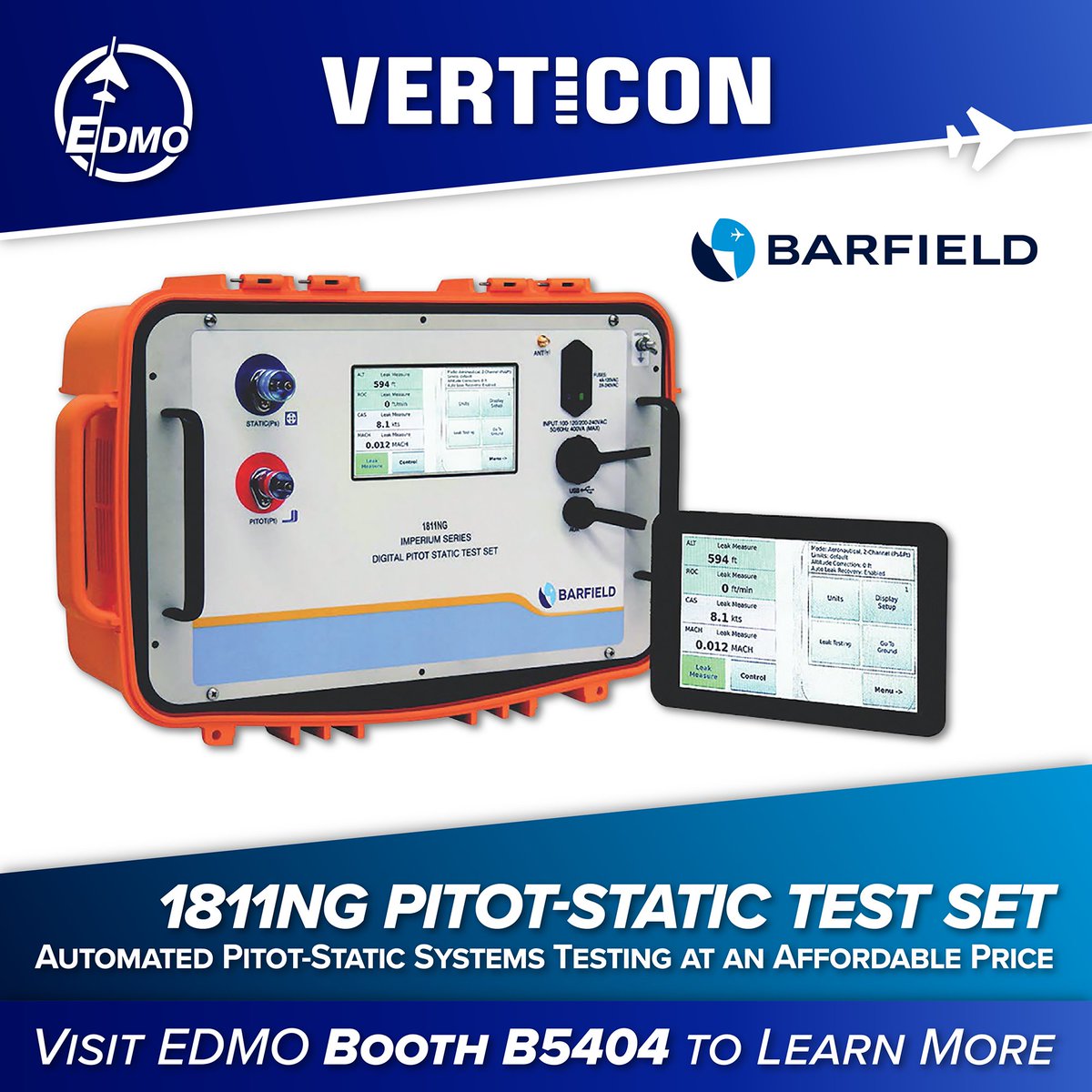 EDMO_Dist's tweet photo. Designed for GA, helicopter, and UAV applications, the Barfield 1811NG performs altimeter and static system tests with a user-friendly interface and Wi-Fi connectivity, allowing technicians to operate the unit remotely via tablet. See it at EDMO Booth B5404! #EDMO #VERTICON2026 https://t.co/SJNUNhfNte