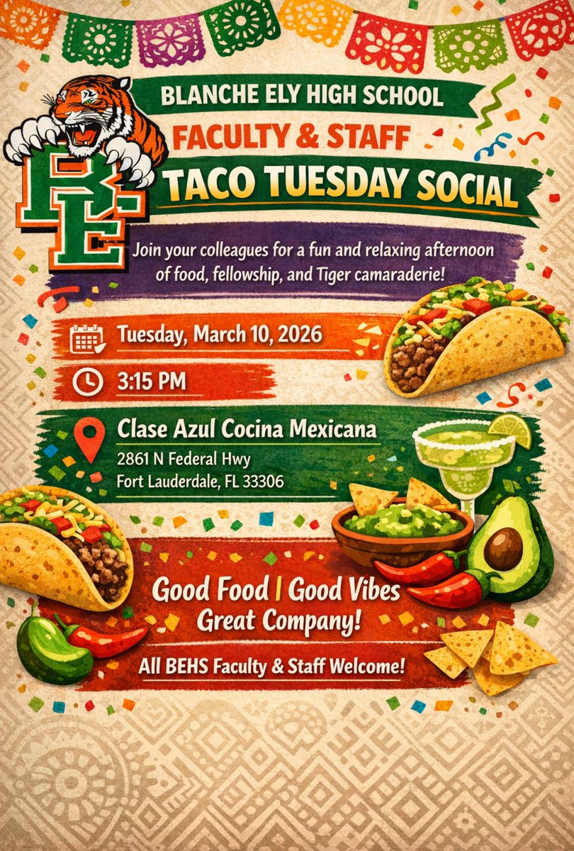 Tav_Williams's tweet photo. It’s Taco Tuesday! 🌮 It was a pleasure unwinding on the last Tuesday before spring break with some of the hardest work staff in @browardschools Tiger Pride 🐅🧡💚 @blanche_ely @BCPSNorthRegion https://t.co/dFBrmdp7IC