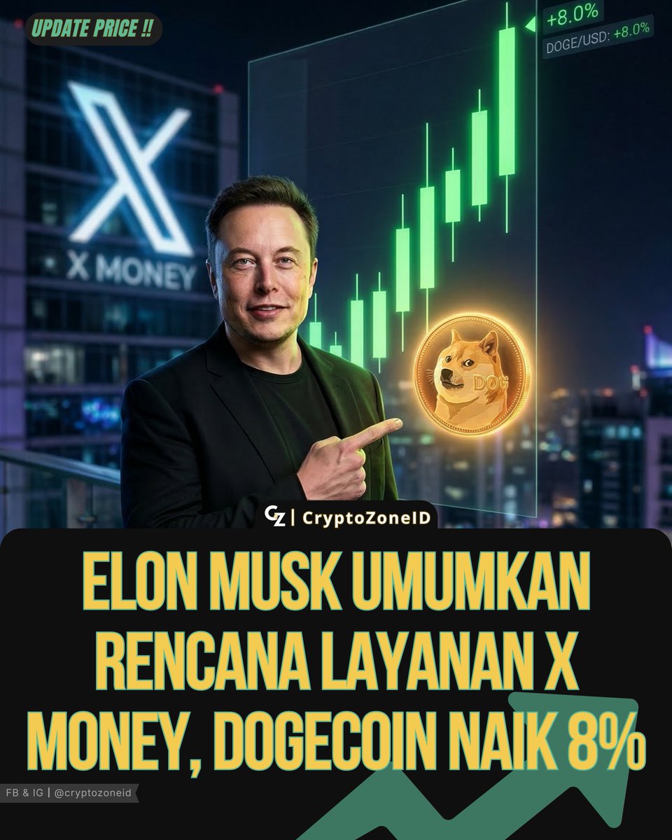 CryptoZonelD's tweet photo. Dogecoin melonjak lebih dari 8% setelah Elon Musk mengumumkan early access X Money mulai April. Spekulasi integrasi pembayaran di X Corp. memicu sentimen bullish pada $DOGE. https://t.co/N2hEwJNrQt