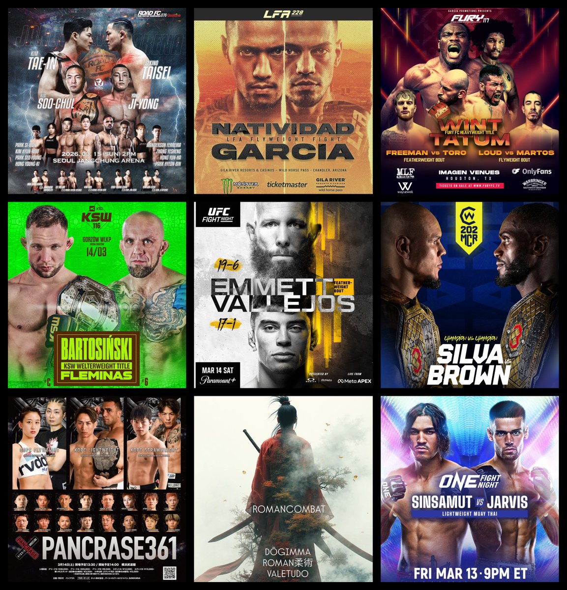 Grabaka_Hitman's tweet photo. Live Combat Sport Schedule: 3/11 - 3/15
Complete schedule w/ fight cards, PPV & free live streams HERE:
▶️https://t.co/sG3FnbfXme
#UFCVegas114 #KSW116 #CW202 #CW201 #LFA228 #FuryFC117 #PANCRASE361 #ROADFC76 #ONEFightNight #ROMAN #CFFC151 #UFCBJJ6 #CombateGlobal #TNU152 #Eternal https://t.co/nvAqkqNcFL