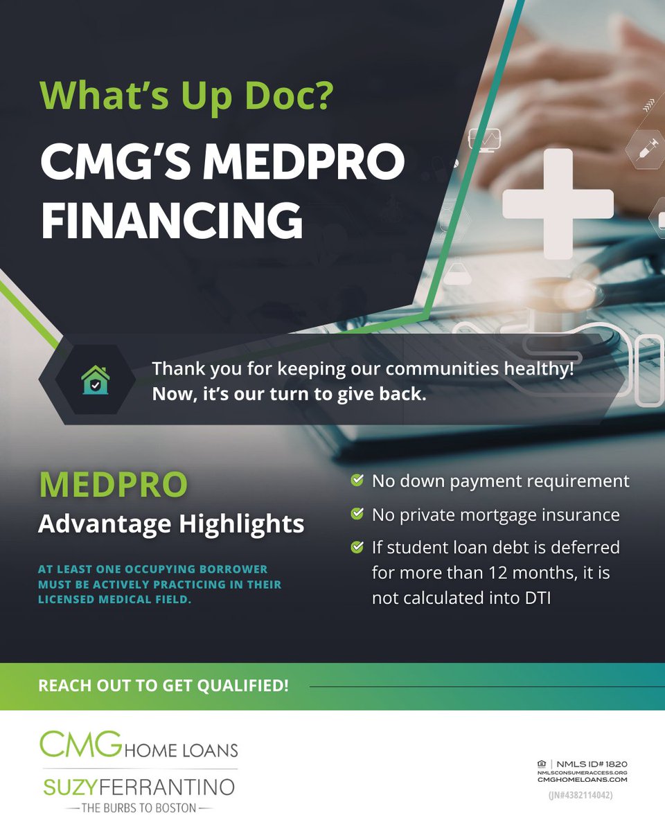 Suzylender's tweet photo. 🩺 Medical professionals may be able to purchase a home with:
✔️ No down payment required
✔️ No private mortgage insurance (PMI)
✔️ Deferred student loans (12+ months) not counted in your debt-to-income ratio
Call #TheBurbstoBoston to see if you qualify! https://t.co/zUI7R3OnSz