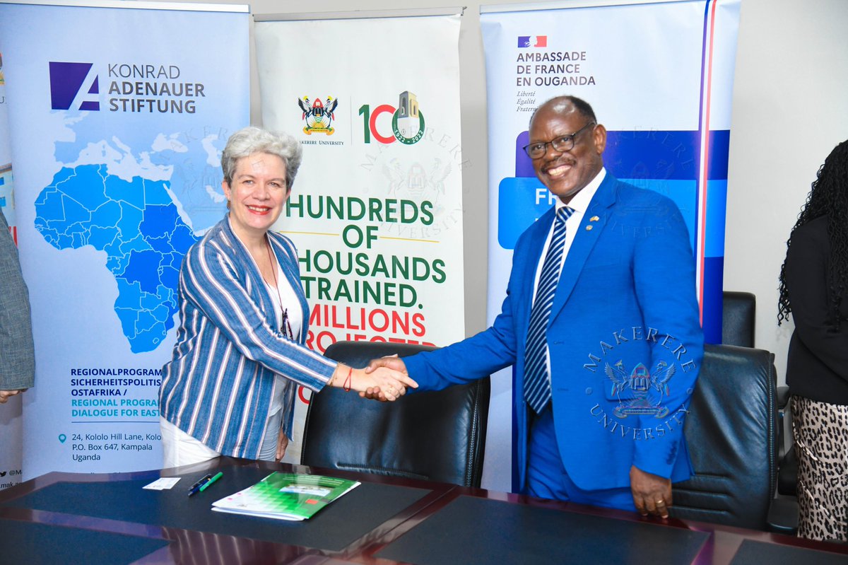 ProfNawangwe's tweet photo. I have signed a Memorandum of Understanding with the Embassy of France in Uganda, Konrad Adenauer Stiftung and Alliance Francaise for the joint hosting of the 9th edition of the Geopolitics of Kampala Conference to be held on April 15th and 16th at Makerere University. Interesting topics are lined up for the conference, including the emerging ‘world order’ and Africa’s position in it, Climate Change, and others.
