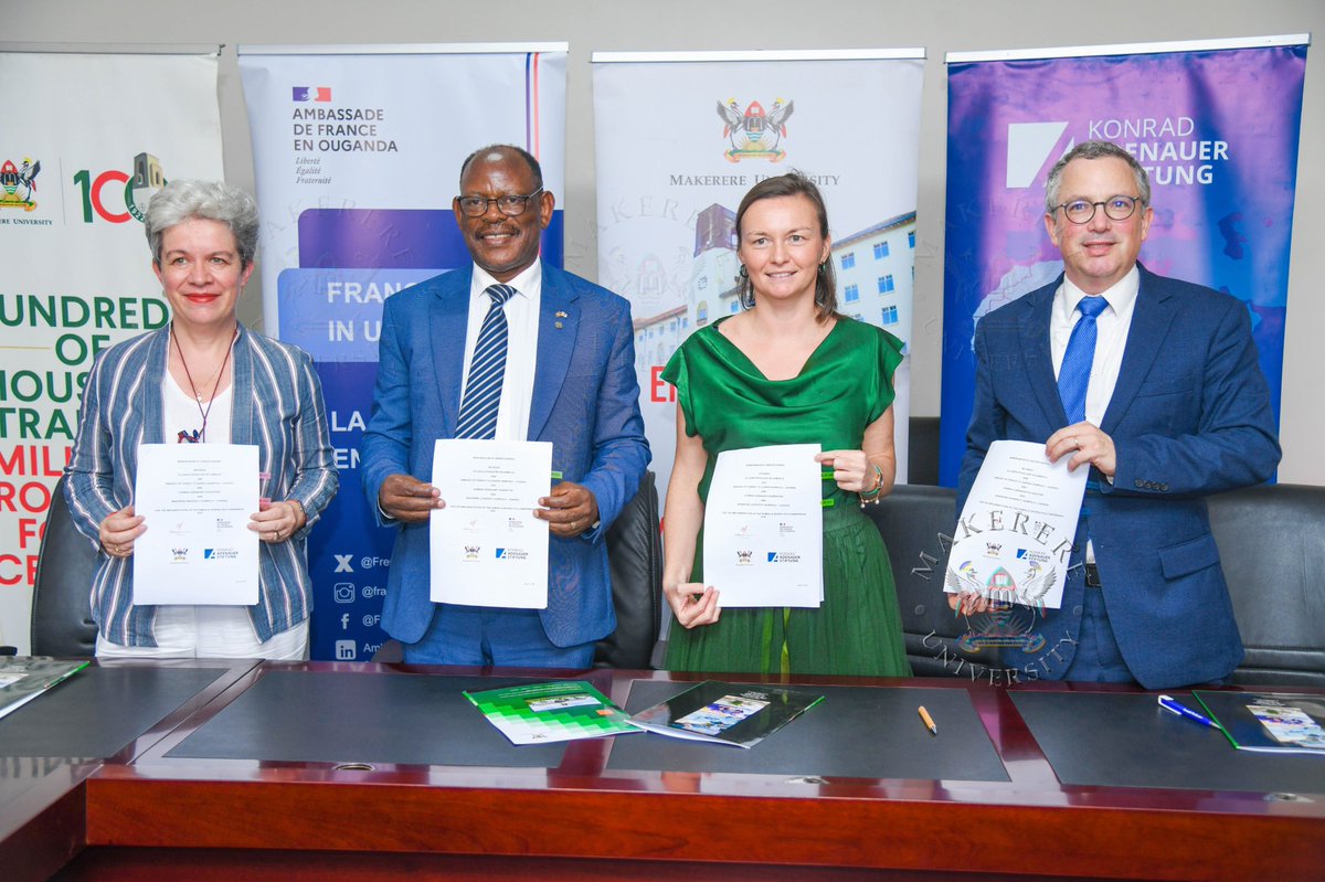 ProfNawangwe's tweet photo. I have signed a Memorandum of Understanding with the Embassy of France in Uganda, Konrad Adenauer Stiftung and Alliance Francaise for the joint hosting of the 9th edition of the Geopolitics of Kampala Conference to be held on April 15th and 16th at Makerere University. Interesting topics are lined up for the conference, including the emerging ‘world order’ and Africa’s position in it, Climate Change, and others.