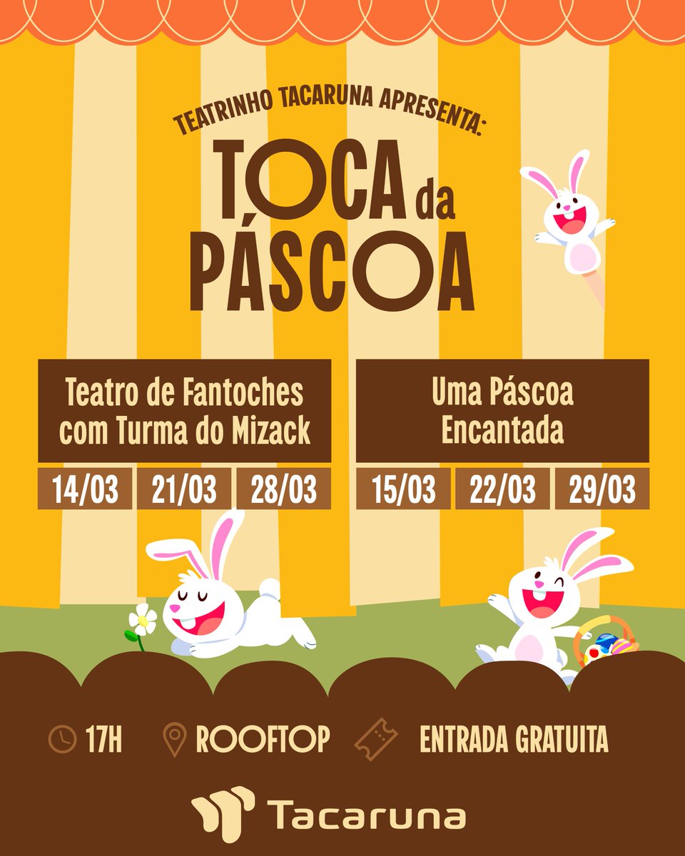 A Páscoa toma conta do Rooftop do Taca durante o mês de março.🐰
A Toca da Páscoa chega com uma programação especial de espetáculos infantis, com teatro e apresentações de fantoches para encantar os pequenos e reunir toda a família para celebrar essa época tão especial.✨