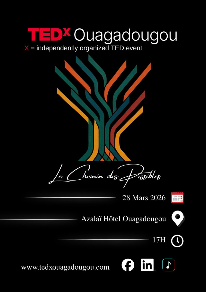 Pour cette édition,  TEDxOuaga réunit des voix authentiques de notre communauté. Une journée d'idées fortes, de récits singuliers et d'engagements concrets pour tracer, ensemble, le chemin des possibles.
Achetez vos places ici
tedxouagadougou.com/inscription/ev…