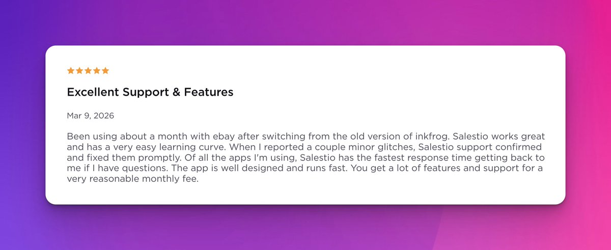 Feedback like this makes our day.  Thanks for trusting Salestio.
#BigCommerce #eBay #Ecommerce #MultiChannel #Reviews