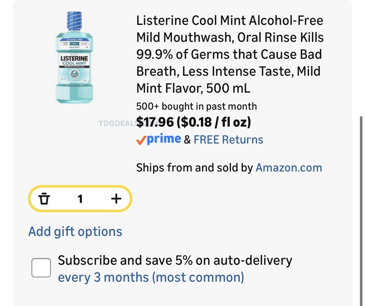 thedealsguy_'s tweet photo. $17 Pack Of 6 Listerine Cool Mint

Listerine Cool Mint Alcohol-Free Mild Mouthwash, Oral Rinse Kills 99.9% of Germs that Cause Bad Breath, Less Intense Taste, Mild Mint Flavor, 500 mL

Normally $45

https://t.co/94ocNttpWN

#Ad https://t.co/AvvM7vezV9