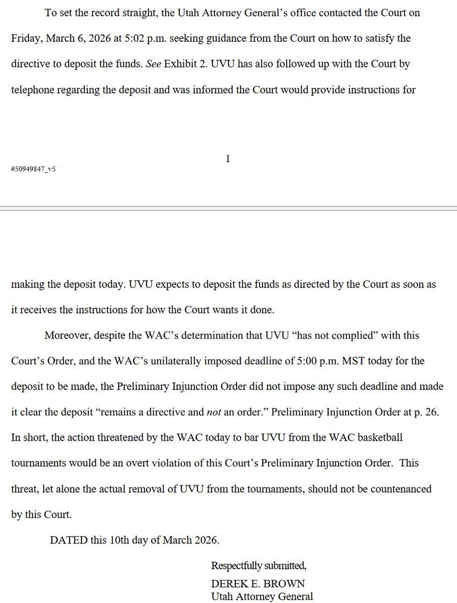 UnfilteredHN's tweet photo. This is from the Utah Attorney General - says Utah Valley has been trying to deposit the money and calls out the WAC for its threat as an “overt violation” of Friday’s preliminary junction.

@LarsonSports had this first https://t.co/eMWuRziqXY