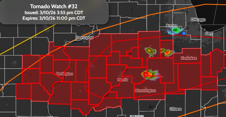 StormTrackingHQ's tweet photo. #TornadoWatch 032 has been issued for parts of #Illinois, #Indiana, #Missouri and #Iowa until 11:00 pm CDT #wxtwitter #wxX #wx #severewx #severeweather #severe #ModerateRisk #Tornado #HoosierAlley #TornadoAlley #mowx #MOwx #iawx #IAwx #ilwx #ILwx #inwx #INwx #BloomingtonIL #Peoria #Galesburg
Probability Hazards
#Tornadoes
70/60%
#Wind
50/30%
#Hail
70/70%
Combined Severe Hail/Wind
>95%
Tornadoes
A few #tornadoes likely
Hail
Scattered #hail up to Apple size likely
Wind
Scattered gusts up to 75 MPH possible
Population
1,315,586
Schools
714
Hospitals
47