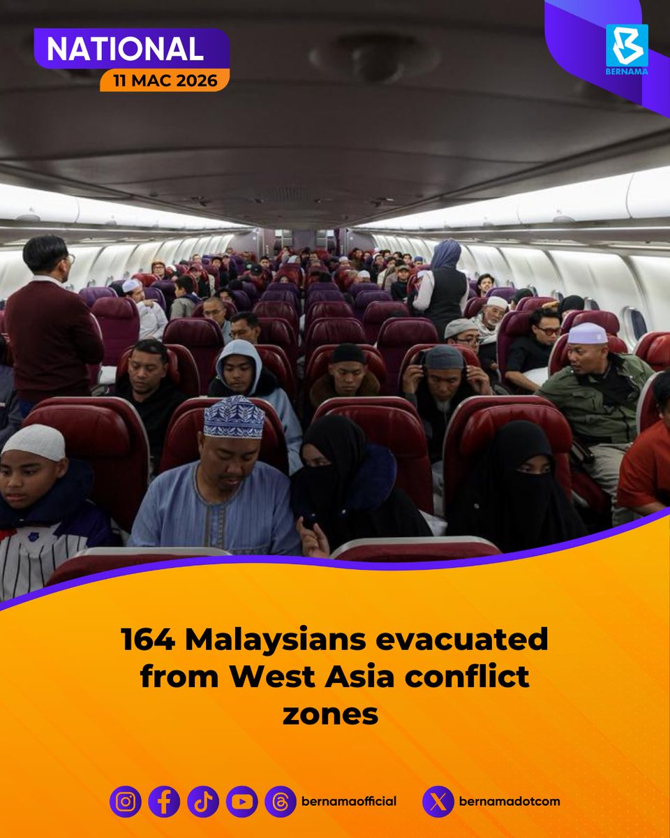 bernamadotcom's tweet photo. #SaudiArabia #Jeddah A total of 164 Malaysians stranded in the conflict zones in West Asia have been successfully evacuated and are slated to arrive home on Wednesday in the first mission carried out by the government. 

Aside from Malaysian citizens, the group also included five Thai citizens who are family members of the affected Malaysians, along with an Indonesian citizen.

All 170 passengers, on board a specially chartered Malaysia Airlines aircraft, are expected to arrive at Kuala Lumpur International Airport (KLIA) on Wednesday (March 11), 11 am. 

Read more on our https://t.co/rDAj1a670a

#BernamaNews