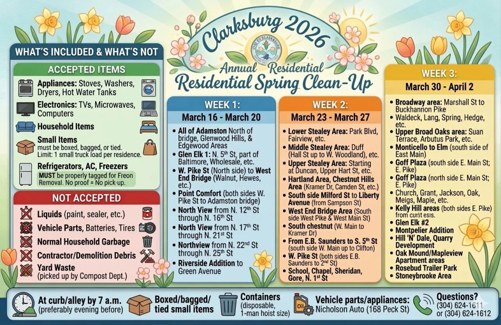 ExponentWVNews's tweet image. The City of Clarksburg kicks off its 2026 Annual Residential Spring Clean-Up on March 16. This three-week event allows for the disposal of bulky items and appliances that exceed standard weekly limits.

🔗More info in comments!

#Clarksburg #SpringCleanUp #WestVirginia #wvnews
