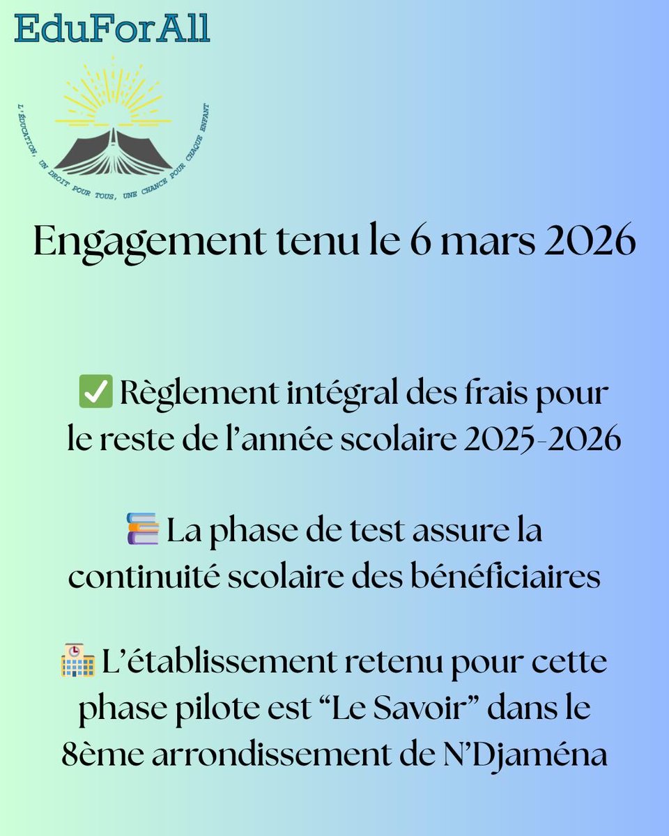 eduforall_75's tweet photo. 📚 Année pilote réussie pour EduForAll

16 élèves de l’École Le Savoir à N’Djaména ont bénéficié d’une prise en charge de leurs frais de scolarité pour 2025–2026.

🚀 Objectif : 50 élèves l’an prochain.

🙏 Merci à nos membres, donateurs et à notre référent local.

#Education https://t.co/bhGPJk1Yn0