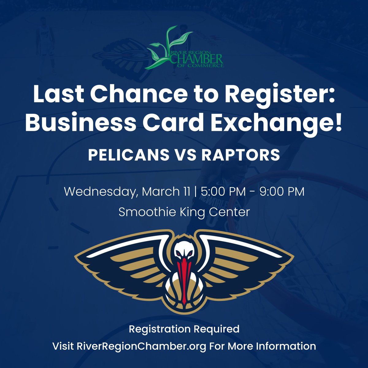 ⏰ Last Call!

Registration closes today for the Pelicans Business Card Exchange 🏀🤝
Join us tomorrow for pre‑game networking followed by Pelicans vs. Raptors at the Smoothie King Center.

🎟️ Tickets required | 🕔 Networking begins at 5:00 PM
🔗 business.riverregionchamber.org/calendar/Detai…