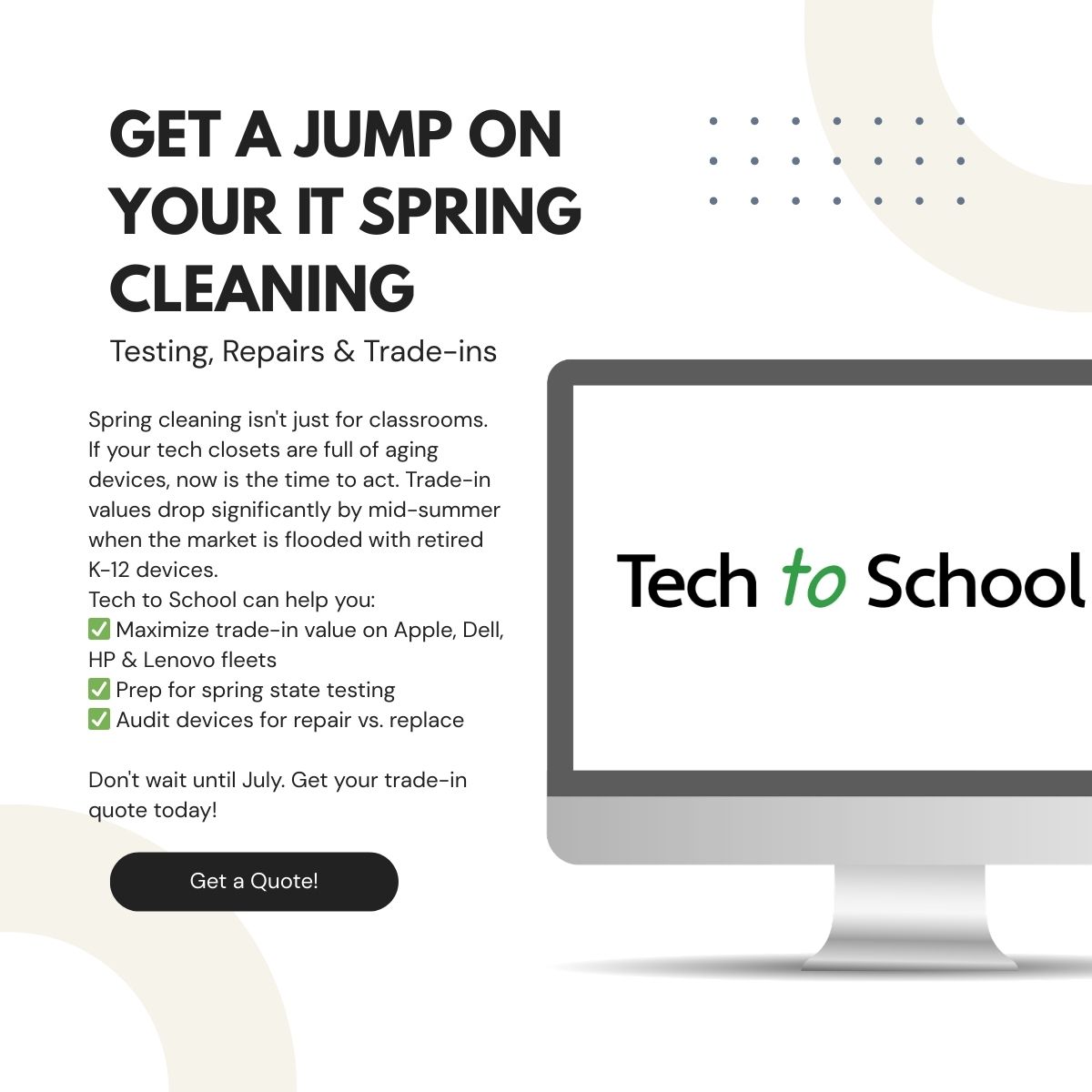 techtoschool's tweet photo. Industry secret: waiting until summer to trade in your K-12 devices could cost your district thousands. Beat the market rush and maximize your budget now. Get your trade-in quote today at https://t.co/FBHGnW5DSF #EdTech #DeviceRefresh #TechToSchool https://t.co/rIKDvuBy4R