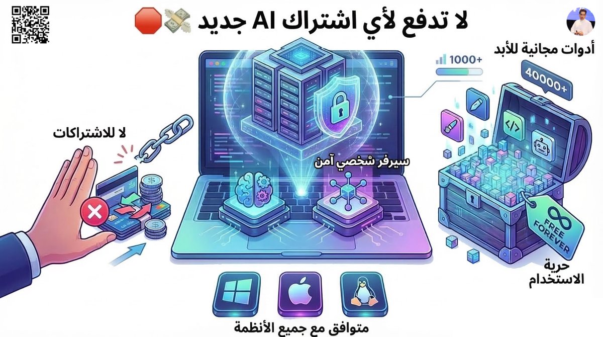 alosefer's tweet photo. لا تدفع لأي اشتراك ذكاء اصطناعي AI جديد 💸

هذي أفضل منصتين بالعالم لتشغيل أدوات وأنظمة الذكاء الاصطناعي في جهازك، وما تدفع ولا ريال لأي شركة، تدعم من كتابة نصوص إلى إنشاء صور ومواقع وبرمجة🤯

بكل بساطة يحولون جهازك إلى سيرفر خاص فيك، وبدون ما تتسرب بياناتك 🔐الأهم يمكنك تحميل أكثر من 1,000 نموذج ذكاء اصطناعي بضغطة زر مثل أقوى النماذج العالمية Qwen, DeepSeek, Llama, Gemma, OpenAI GPT OSS, Mistral, phi-4 وغيرها، وأكثر من 40,000 إضافة وأداة  جاهزة.

يعمل على جميع الأنظمة ويندوز، ماك، لينكس💻 + مجانا 💯 + آمن وخاص بج��ازك، حملها:
https://t.co/4cUE4HVtAl
https://t.co/xpKYi8ItjP