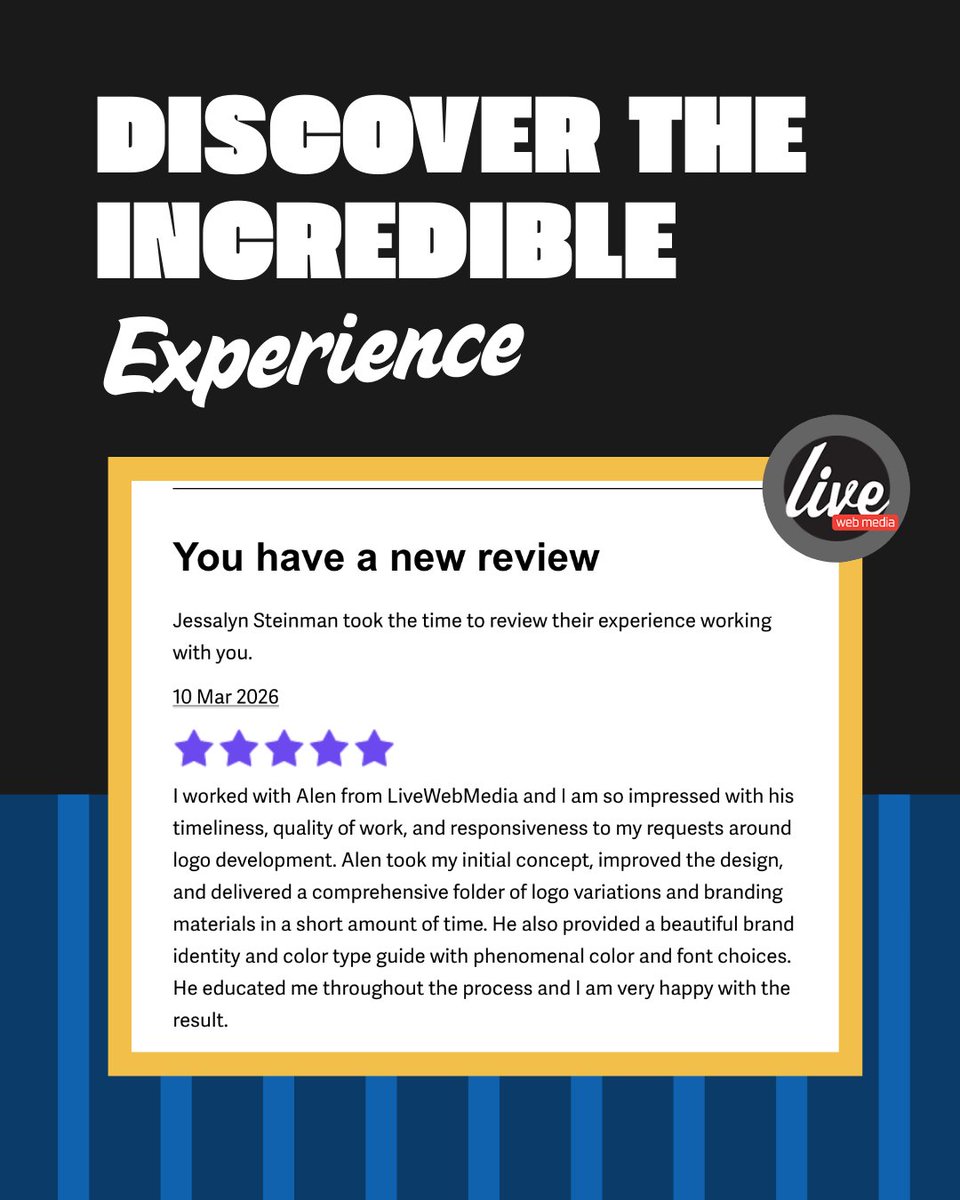 LiveWebMedia's tweet photo. Grateful for amazing clients like Jessalyn!
It’s always rewarding to see our design process make a real impact — from concept to a full brand identity that truly represents your vision.

Thank you for trusting LiveWebMedia with your logo and branding journey!

#LiveWebMedia https://t.co/EOAeWwQOVB