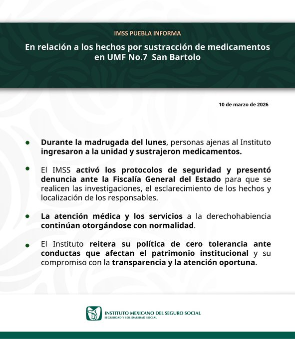 Ultrapuebla's tweet image. 🚨Robo en clínica del #IMSS en Puebla

El @Imss_Pue confirmó un asalto en la unidad de San Bartolo, en Puebla. Delincuentes robaron medicamento controlado y golpearon al guardia. Ya hay denuncia ante la Fiscalía General del Estado de Puebla.

#FernandoCanales #UltraNoticiasPuebla