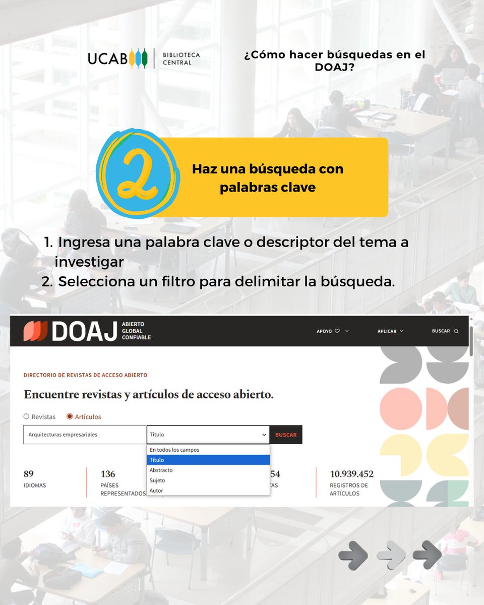 BibliotecaUCAB's tweet photo. En la #BibliotecaUCAB estamos comprometidos con ofrecerte las mejores herramientas para la investigación académica.
📝 Accede a #DOAJ 💻Aprovecha las bases de datos disponibles en nuestra web 📎 https://t.co/Ssc405Ntkh https://t.co/L1vD3WpxZU