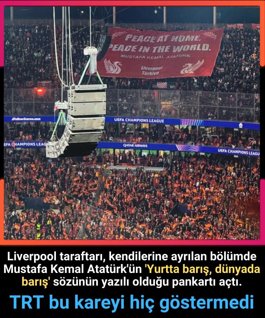 AliSere20's tweet photo. Liverpool taraftarları Atatürk pankartı açtı. Ancak TRT görmezden geldi. https://t.co/7dyPGwz5O8