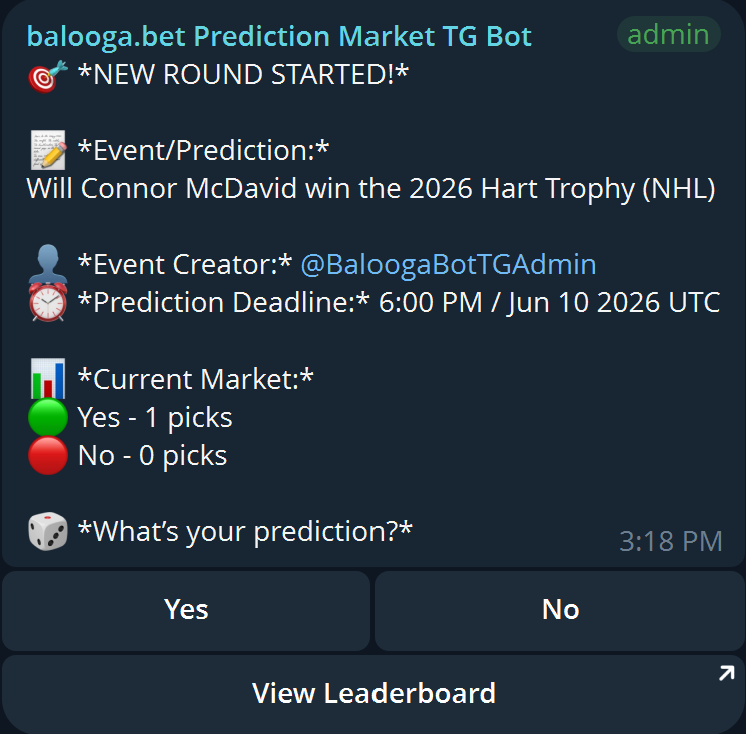 A new event up in our TG group!  Make your predictions and climb the leaderboard!  

Check it out at: t.me/+saIz8GP6wfE0O…

#NHL #Mcjesus #NHLawards #connormcdavid #predictionmarket