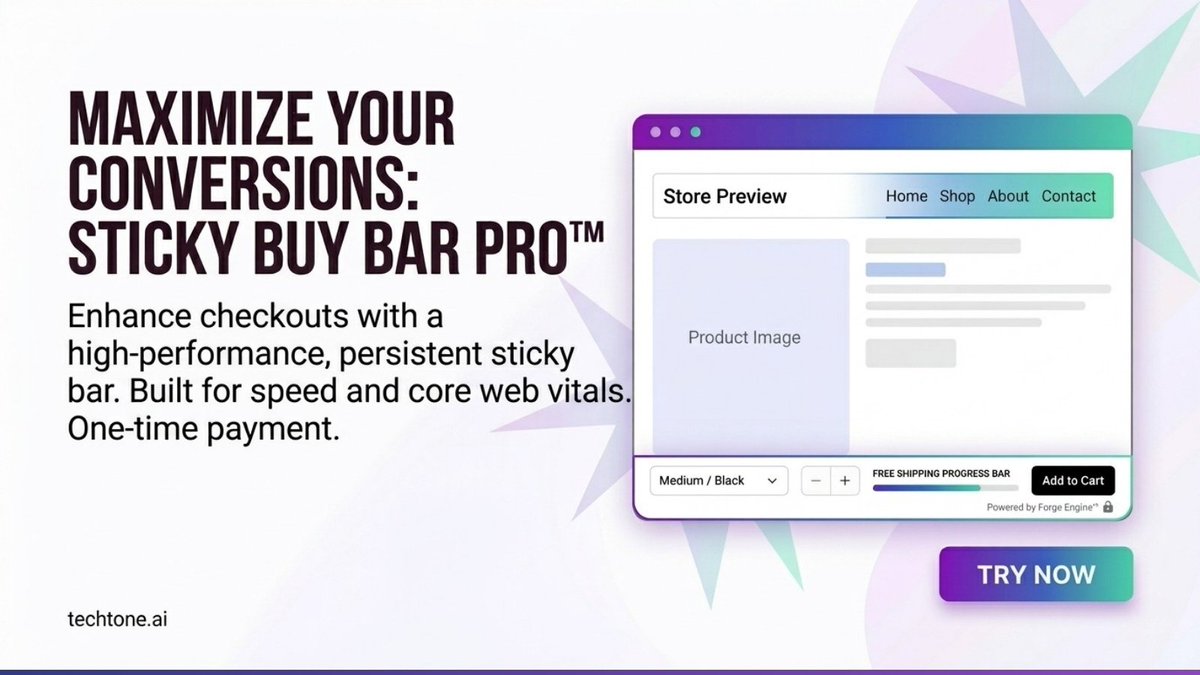 techtone_ai's tweet photo. Kill the "Buy Button Rent." 💀
We just launched a fully customizable Sticky Add to Bag Bar that lives natively on your product pages. If you are paying $20/month just to keep your cart visible on mobile, you are draining your margins.
Stop the app rent. Start owning your conversion tech.
🛡️ No-Touch: 1-Click App Block install. No liquid edits.
⚡ Zero-Lag: Hosted on Shopify's CDN via BradSync™.
🎨 Full Control: Customize colors, fonts, and behavior to match your brand.
💰 One-Time Payment: Buy once. Own it forever.
Upgrade your store's CRO without adding a single line of messy code. 
Grab it here: https://t.co/ZdVyJFZzDS #ShopifyDev #Ecommerce #CRO #techtoneAI
