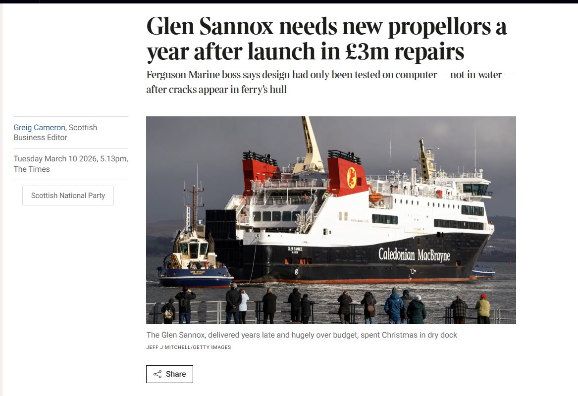 The SNP’s 7 year late, £150m ferry can’t even reverse without cracking its own hull.

Now it needs new propellers because the originals were only tested on a computer model.

You genuinely couldn’t script incompetence like this.

thetimes.com/article/f687c2…