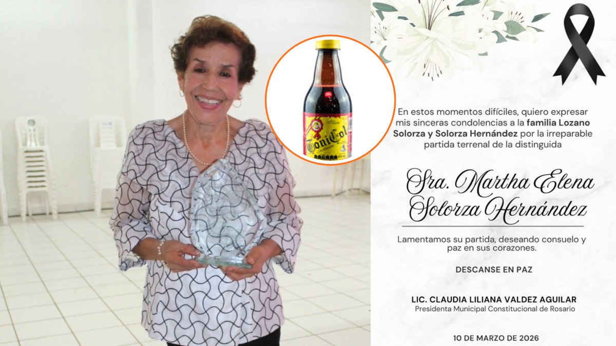 linea_directa's tweet photo. ⚫ 🕯️ Muere Martha Elena Solorza Hernández, dueña del famoso refresco de vainilla #Tonicol, originario de #Rosario, Sinaloa.
➡ A través de redes sociales, la presidenta municipal rosarense, Claudia Liliana Valdez Aguilar, expresó sus condolencias a la familia y seres queridos de la señora Martha Elena. “Lamentamos su partida, deseando consuelo y paz en sus corazones”. 🙏