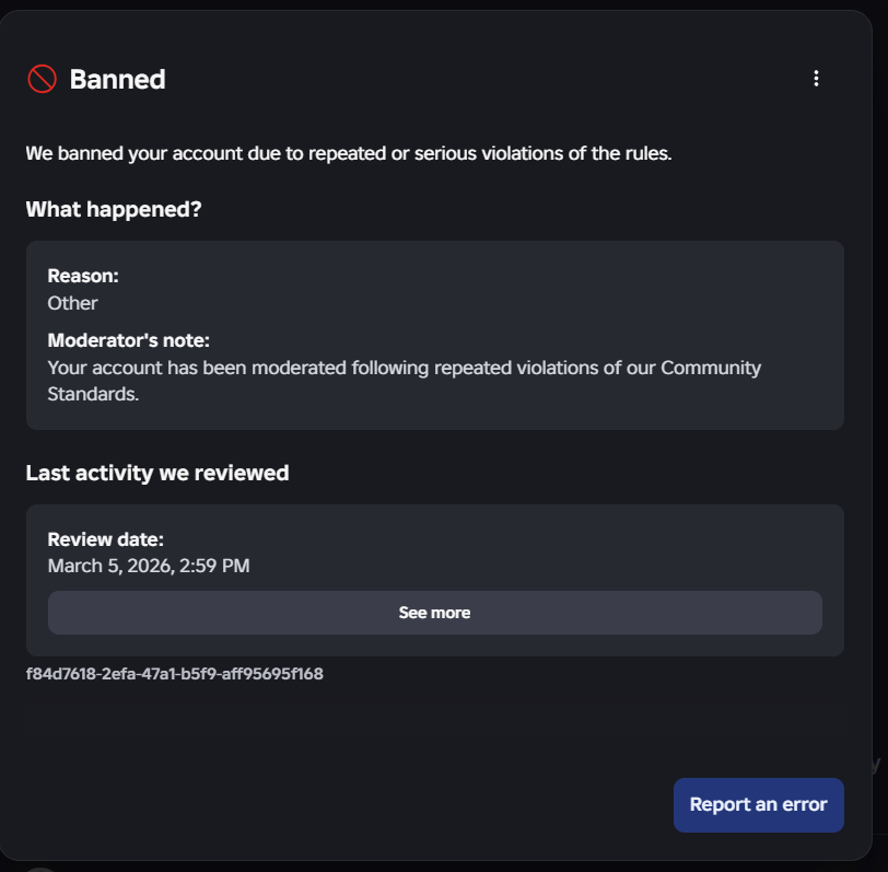 Monkeylawyer19's tweet photo. @Roblox Roblox has falsely terminated my account "juliopkmz" (ID: 181680110) for error due in part of the ai moderation that's taken place March 5th, it's my 9+ year old account and I'm begging #roblox to please solve this issue and to help get my account back.
@Roblox https://t.co/f9gSjTCZ7Q