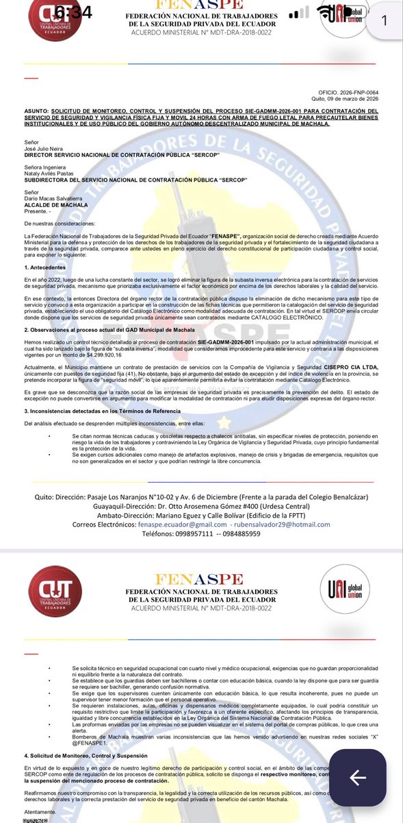 FENASPE1's tweet photo. 🔴🔴🔴
Proceso d contratación d seg privada @MachalaAlcaldia x casi $5 millones es un DESASTRE⚠️
🆘Lo venimos advirtiendo al alcalde @MacasDario1 y concejales pero continúan⚠️
📍Solicitamos @SERCOPec @JoseJulioNeira @mgrijalva1995 MONITOREO, CONTROL y SUSPENSIÓN 
⚠️⚠️⚠️Ya basta! https://t.co/X5DIArXiPy