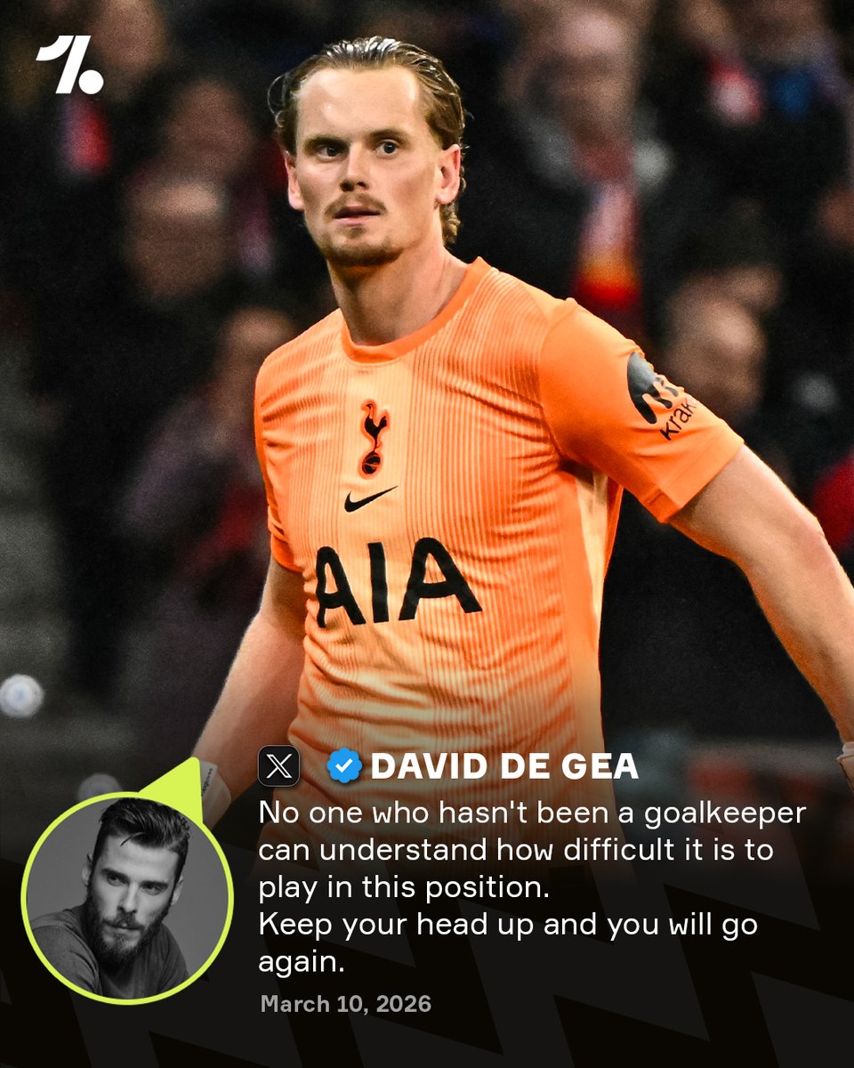 wagerloom's tweet photo. OneFootball: David de Gea sends a message of support to Tottenham goalkeeper Antonín Kinský 🧤❤️

After conceding three goals in just 15 minutes, including two errors, 22-year old Kinský had a Champions League debut to forget 🥺 https://t.co/Snt7SUruC5