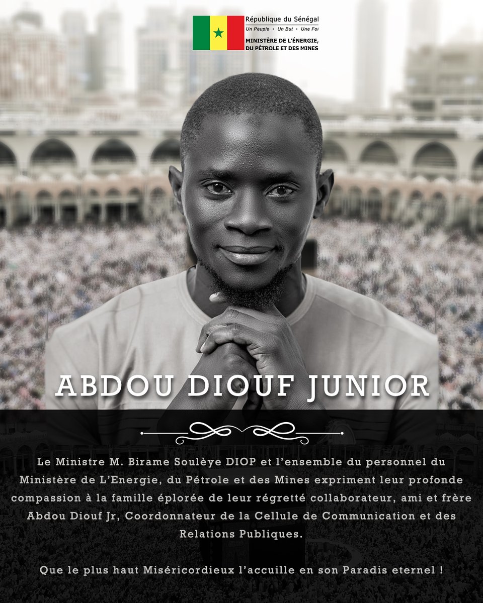 Mepsenegal's tweet photo. 🙏🏾 C'est avec tristesse et consternation que nous avons appris, ce matin, le rappel à Dieu de notre très cher collaborateur M. Abdou Diouf Junior qui fut un grand professionnel dévoué à la tâche.

Que son âme repose en paix ! 𝙁𝙖𝙩𝙞𝙠𝙝𝙖 + 𝟭𝟭 𝙞𝙠𝙝𝙡𝙖𝙨 https://t.co/2VAEbnvbg3