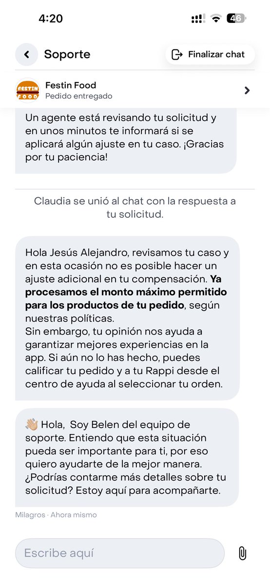 JesusAlej07's tweet photo. @RappiColombia más de 3 veces me han cerrado el chat al intentar enviar un mensaje. Que en primer lugar he tenido que hacer porque nunca notifican cuando el chat de soporte te envía un mensaje, para tener la excusa de que no contestaste a tiempo. https://t.co/pJ30DPB3x3