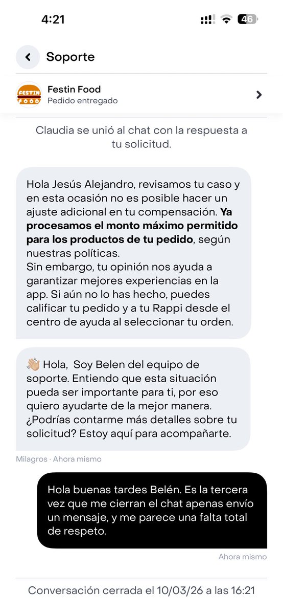 JesusAlej07's tweet photo. @RappiColombia más de 3 veces me han cerrado el chat al intentar enviar un mensaje. Que en primer lugar he tenido que hacer porque nunca notifican cuando el chat de soporte te envía un mensaje, para tener la excusa de que no contestaste a tiempo. https://t.co/pJ30DPB3x3
