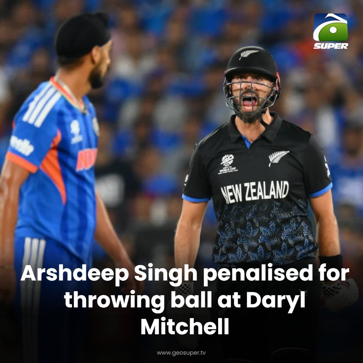 geosupertv's tweet image. Arshdeep penalised for on-field act! 🏏⚡

Read More: geosuper.tv/latest/54173-t…

#ArshdeepSingh #DarylMitchell #INDvNZ #T20WorldCup2026