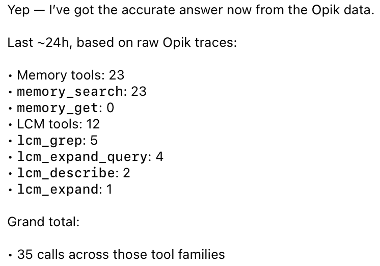 bradmillscan's tweet photo. My OpenClaw went from LYING about using the default semantic memory for 3 weeks to actively using it PLUS LCM DAG search regularly. 

Major improvement in user experience. 

24 Hours with the lossless-claw DAG replacing traditional compaction and I'm shocked how good it is. https://t.co/E2iOF36Zni
