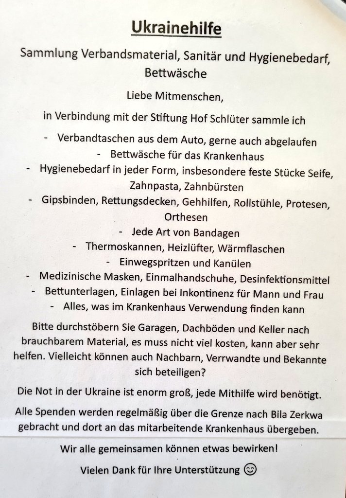 Liebe Menschen, auch wenn meine Reichweite fast verschwunden ist, hoffe ich, dass mein erneuter Aufruf möglichst viele Leser erreicht. Deshalb bitte ich um fleißiges  Retweeten. Wer etwas beisteuern möchte kann mich gerne per DM erreichen.
#Ukraine
