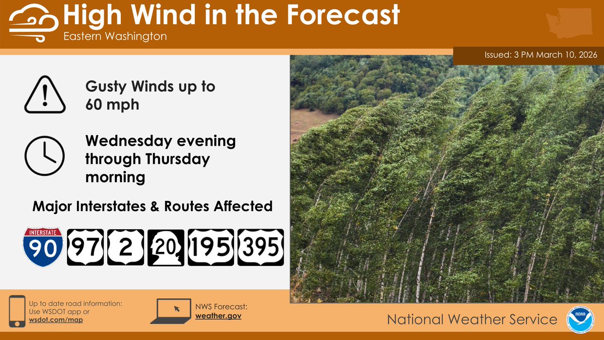 NWSSpokane's tweet photo. High winds will impact Eastern WA Wednesday night through Thursday morning. Prepare for challenging travel conditions, especially for high-profile vehicles, power outages, and tree damage. Patchy blowing dust with localized visibilities down to a quarter mile is possible. #wawx https://t.co/AUZhmqpKmX