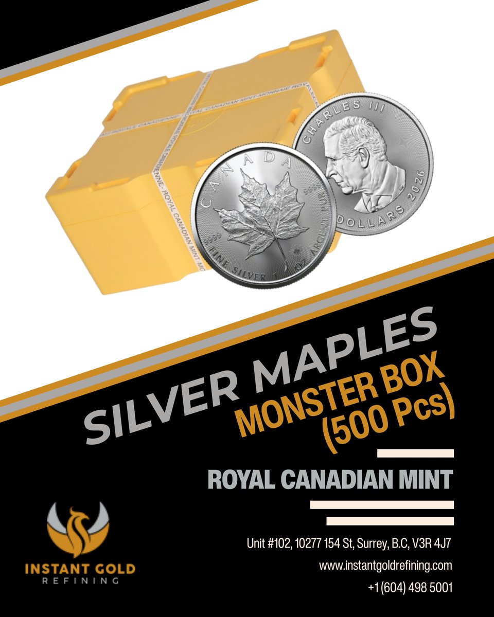 instantgoldinc's tweet photo. Looking to buy a Silver Maple Monster Box (500 pcs) from previous years? #InstantGoldRefining offers excellent prices on circulated coins with trusted quality and strong value. Secure your silver today—DM us or visit us to buy silver bullion at best prices. https://t.co/ndIrrMQ8DA