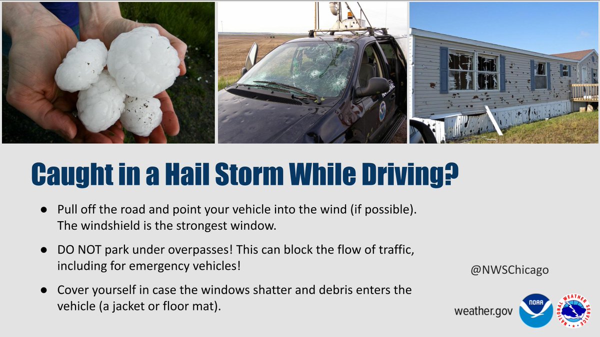[4:38 PM CDT 3/10/2026] Caught in a hail storm while driving? Pull off the road &amp; point your vehicle into the wind (windshield is the strongest window). DO NOT park under overpasses! This could block the flow of traffic, including for emergency vehicles!
#ILwx #INwx