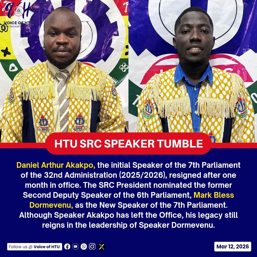 voiceofhtu's tweet photo. HTU SRC SPEAKER TUMBLE

Daniel Arthur Akakpo, the initial Speaker of the 7th Parliament resigned. The SRC President nominated Mark Bless Dormevenu, as the New Speaker. Although Speaker Akakpo has left the Office, his legacy still reigns in the leadership of Speaker Dormevenu. https://t.co/zS4DSEV4nX
