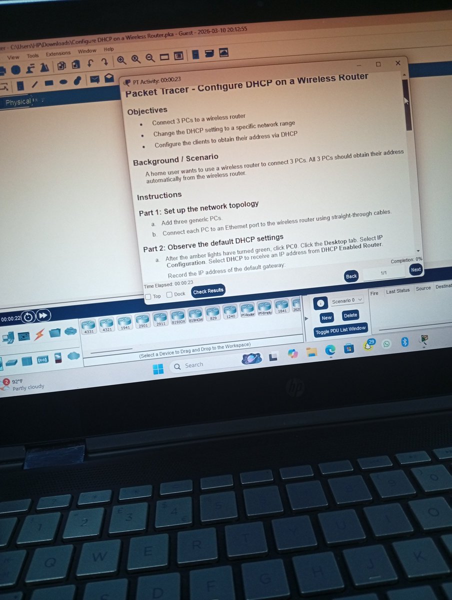 _beedrop's tweet photo. Day 42🧑‍💻
Still on the 11th module – I learnt the DHCP configuration. How to dynamically assign IP addresses.

I have a packet tracer test to complete
#LearningJourney #cybersecurity #LearninginPublic https://t.co/wp4iSjz1a2