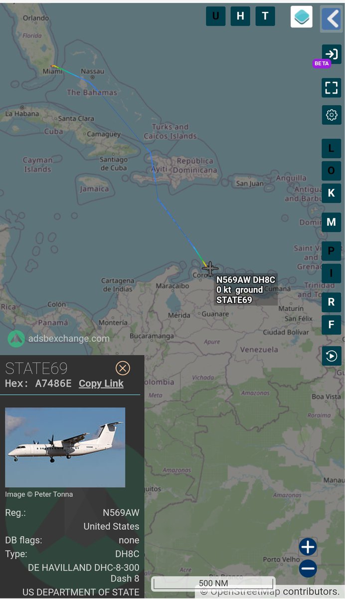 Borrowed7Time's tweet photo. US State Dept Dash 8-200 N569AW #A7486E as STATE69 departed Miami, landed at Willemstad.
@sipjack1776 @LadyAstroJet @LatAmMilMVMTs https://t.co/7tt7QMBbzX