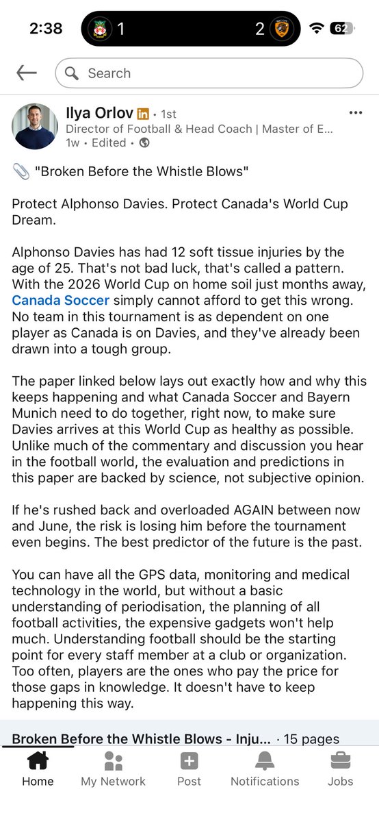 BenSteiner00's tweet photo. Ilya Orlov, an academic and head coach of the U of T men’s soccer team, recently authored a paper on the risks around rushing Alphonso Davies back into action.

Worth a read, after the #CanMNT star left today’s Bayern match. 

https://t.co/8cp2RA8fDP https://t.co/rTK7beVPID