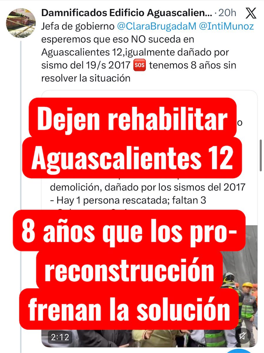 VecinosAgs12's tweet photo. Si a los pro reconstrucción realmente les interesara la seguridad, ya habrían permitido rehabilitar #Aguascalientes12, que cuenta con estudios y propuestas técnicas.

Pero prefieren frenar soluciones y generar presión mediática. 

@IntiMunoz @ClaraBrugadaM @SSPCMexico 

#CDMX https://t.co/ELrLAHBiea