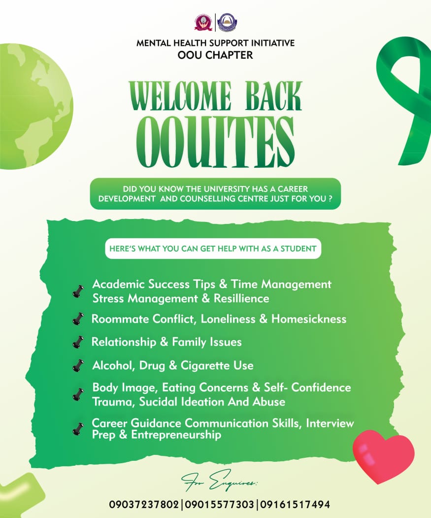MHSIOOU's tweet photo. Welcome back to school doesn’t have to mean welcome back to stress. 💚

At Mental Health Support Initiative – OOU Chapter, we’re reminding every student at Olabisi Onabanjo University that you are not alone on this journey. https://t.co/df9jiWAVM5