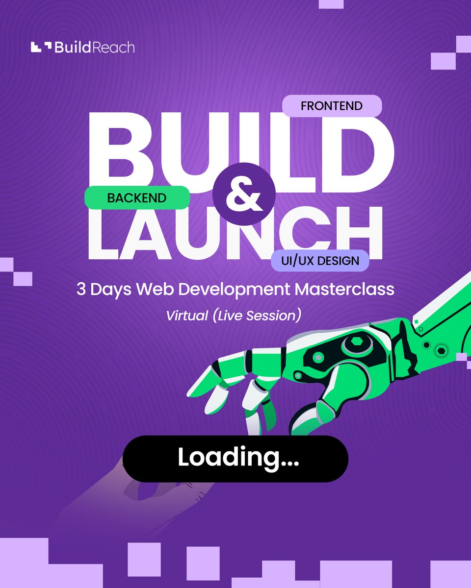 buildreachorg's tweet photo. 🚀 What if you could build &amp; launch a real web project in 3 days?

Join our Live Web Dev Masterclass and learn:
🎨 UI/UX • ⚡ Frontend • 🔧 Backend • 🚀 Deployment

Perfect for beginners &amp; aspiring devs.

💻 Virtual • Live • Hands-on
👀 Opening soon

#WebDev #BuildAndLaunch https://t.co/xvN2SyjTEY