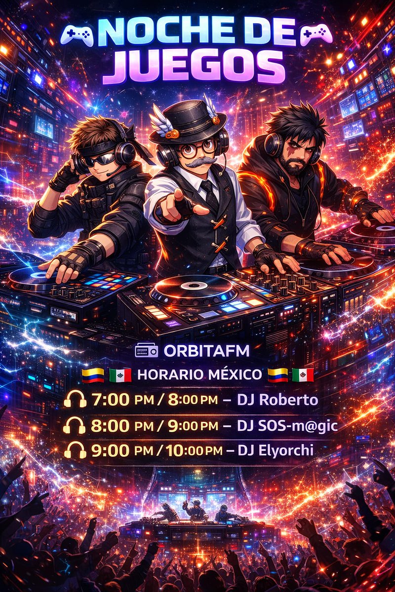 Orbitafm_hb's tweet photo. HOY ES NOCHE DE JUEGOS EN ORBITAFM 🔥🎮

Esta noche nuestros DJs traen música, retos y mucha diversión en vivo. 🎧

🕖 7:00 PM 🇲🇽 / 8:00 PM 🇨🇴
🎧 Roberto2832

🕗 8:00 PM 🇲🇽 / 9:00 PM 🇨🇴
🎧 SOS-m@gic

🕘 9:00 PM 🇲🇽 / 10:00 PM 🇨🇴
🎧 ELYORCHI https://t.co/VJT41656S8