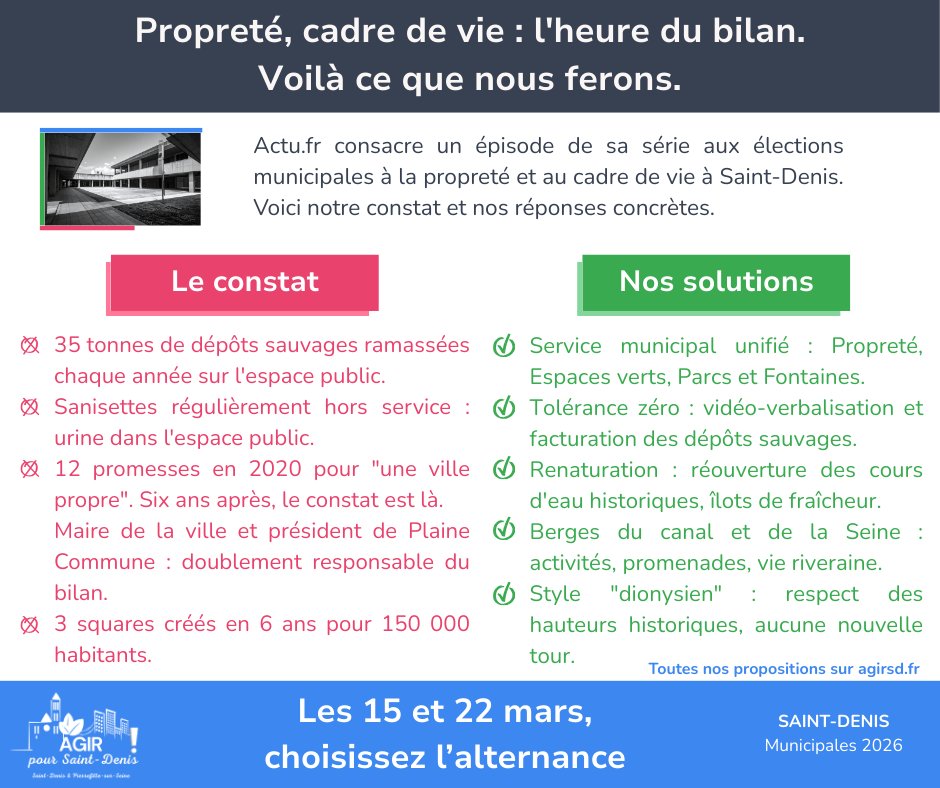 Actu.fr consacre un épisode de sa série électorale à la propreté et au cadre de vie à Saint-Denis. 
Voici notre lecture.

Lien article Actu.fr : actu.fr/.../proprete-p…

#municipales2026 #saintdenis #pierrefittesurseine #urbanisme #propreté